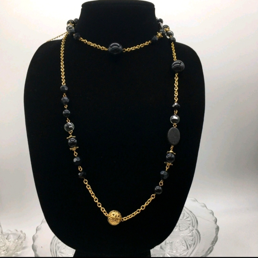 Vintage Erica Lyons Gold Tone Black Beaded Chain Necklace 40”
